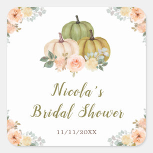 Sage Green und Peach Floral Pumpkins Brautparty Quadratischer Aufkleber