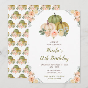 Sage Green und Peach Floral Pumpkins Geburtstag Einladung
