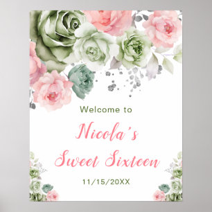 Sage Green und Pink Floral 16 . Geburtstag Willkom Poster