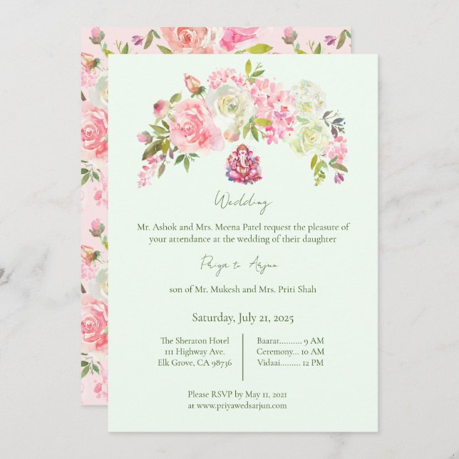 Sage Green und Pink Floral Hindu Ganesh Wedding Einladung (Vorne/Hinten)