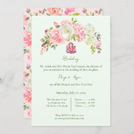 Sage Green und Pink Floral Hindu Ganesh Wedding Einladung