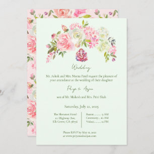 Sage Green und Pink Floral Hindu Ganesh Wedding Einladung