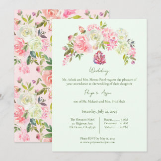 Sage Green und Pink Floral Hindu Ganesh Wedding Einladung
