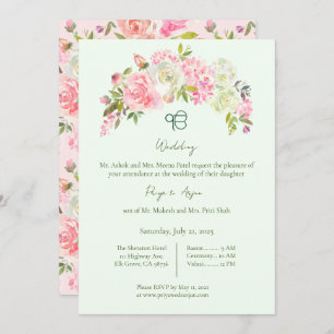 Sage Green und Pink Floral Sikh Ik Onkar Hochzeit Einladung