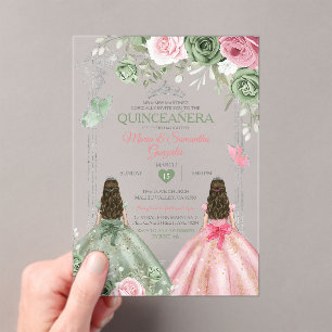 Sage Green und Pink Twin Quinceñera Butterfly Acryleinladungen