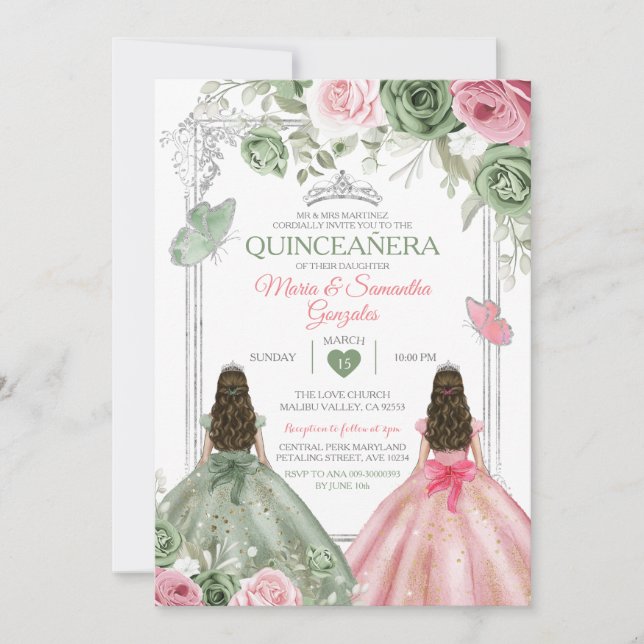 Sage Green und Pink Twin Quinceñera Butterfly Einladung (Vorderseite)