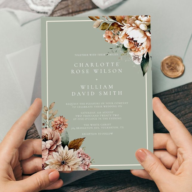 Sage Green und Rose Gold Elegante Blume Hochzeit Einladung (Von Creator hochgeladen)