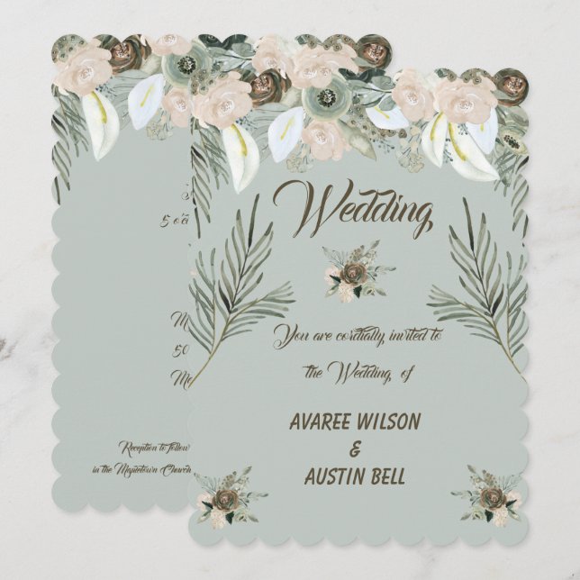Sage Green und Vanilla Cream Wedding Einladung (Vorne/Hinten)