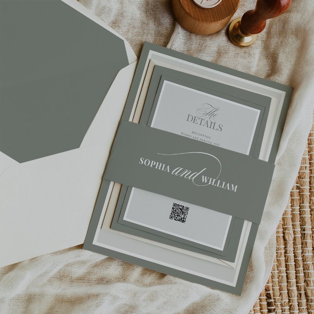 Sage Green und White Calligraphy | Luxe Wedding Einladungsbanderole (Von Creator hochgeladen)