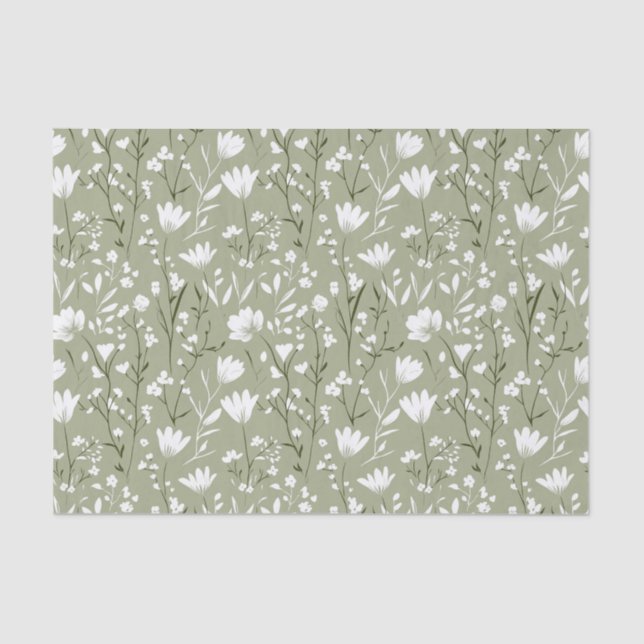 Sage Green und White Floral Bridday Seidenpapier (Vorderseite)