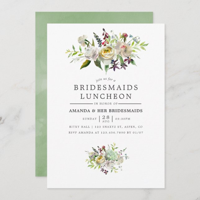 Sage Green und White Floral Bridesmaids Luncheon Einladung (Vorne/Hinten)