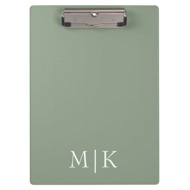 Sage Green und White | Modernes Monogramm Klemmbrett (Vorderseite)