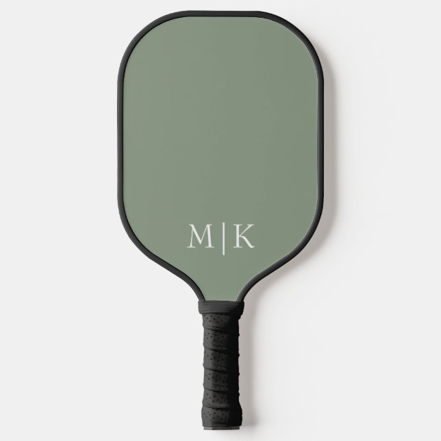 Sage Green und White | Modernes Monogramm Pickleball Schläger (Vorderseite)