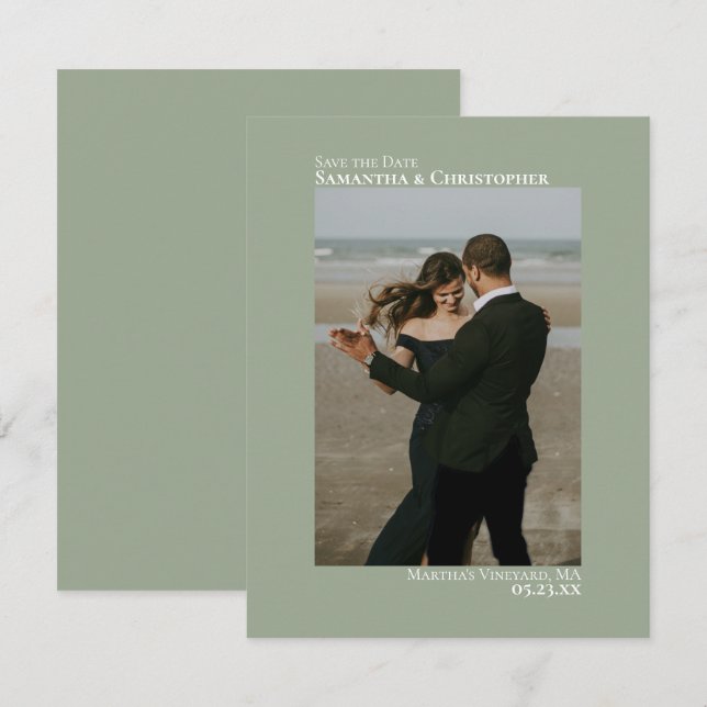 Sage Green Vertikal Foto Minimalistisch Hochzeit Save The Date (Vorne/Hinten)