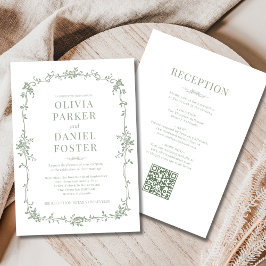 Sage Green Victorian QR Code All in One Wedding  Einladung