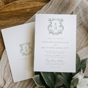 Sage Green Vintag Baroque Monogram Wappen Wedding Einladung