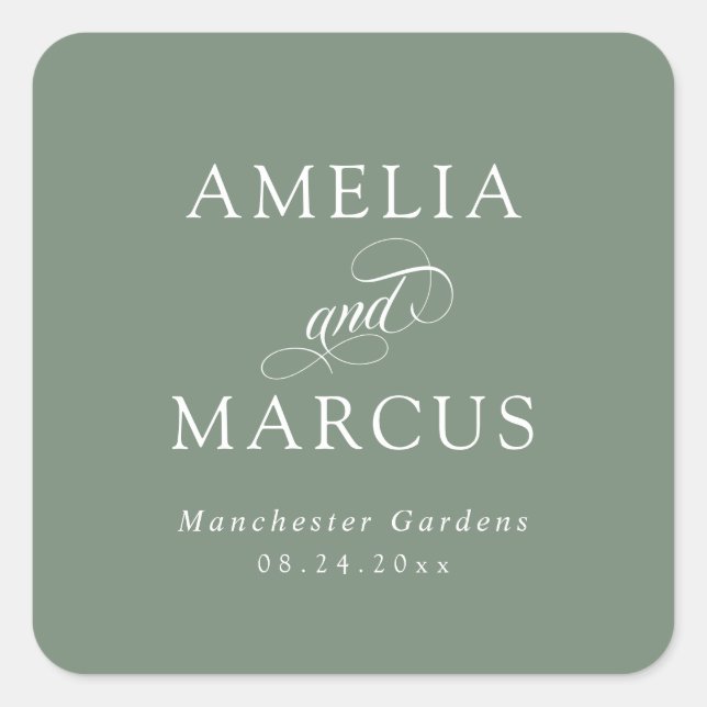 Sage Green Vintag Calligrafy Wedding Quadratischer Aufkleber (Vorderseite)