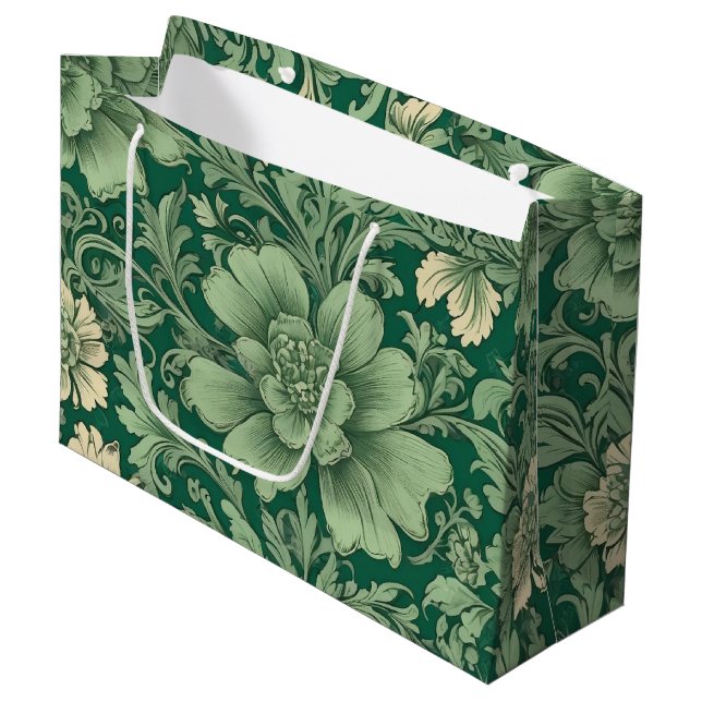 Sage Green Vintag Floral Muster Große Geschenktüte (Vorderseite Schrägansicht)