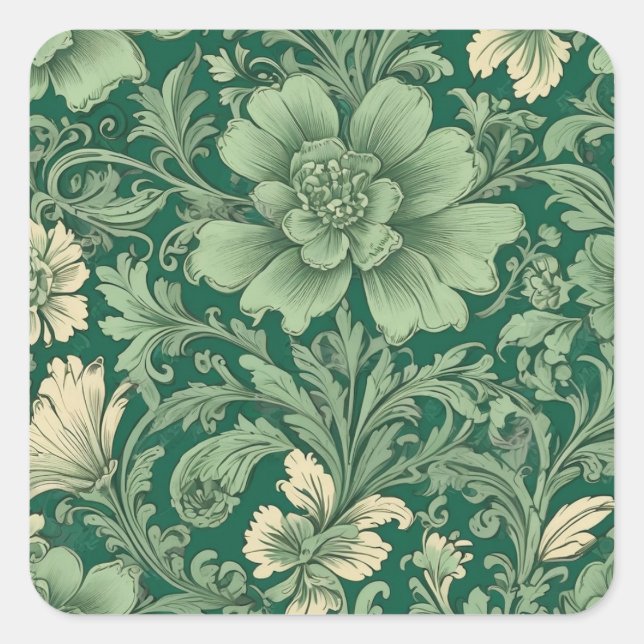 Sage Green Vintag Floral Muster Quadratischer Aufkleber (Vorderseite)