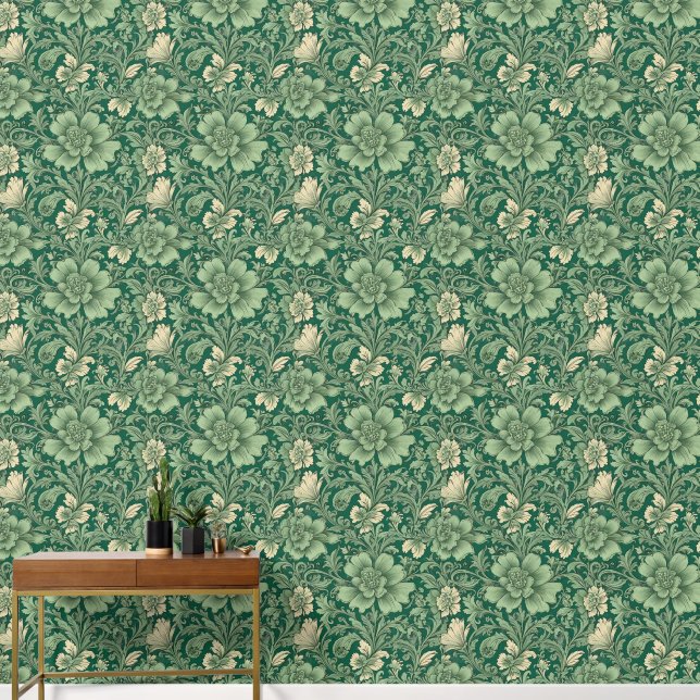 Sage Green Vintag Floral Muster Tapete (Hausflur)