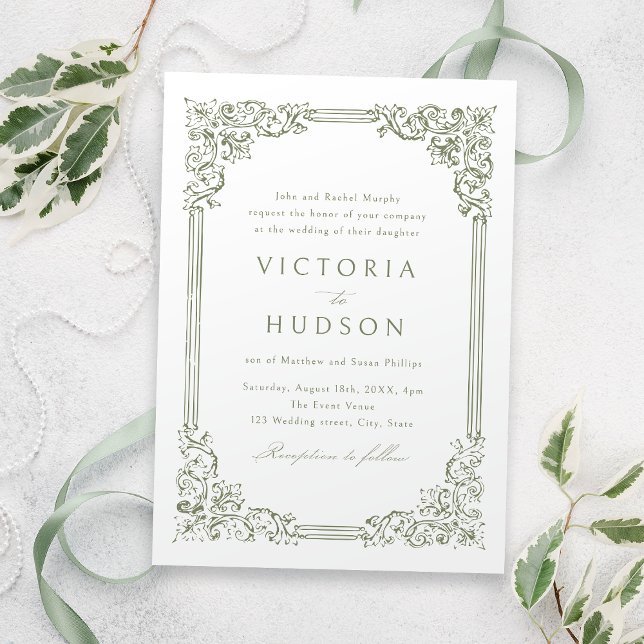Sage Green Vintag Frame Elegante Hochzeit Einladung (Sage Green Vintage Frame Elegant Wedding Invitation)