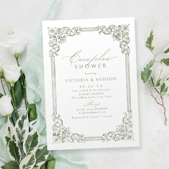 Sage Green Vintag Frame Elegante Paare Dusche Einladung (Sage Green Vintage Frame Elegant Couples Shower Invitation)