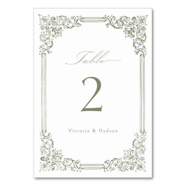 Sage Green Vintag Frame Elegante Script Hochzeit Tischnummer (Vorderseite)