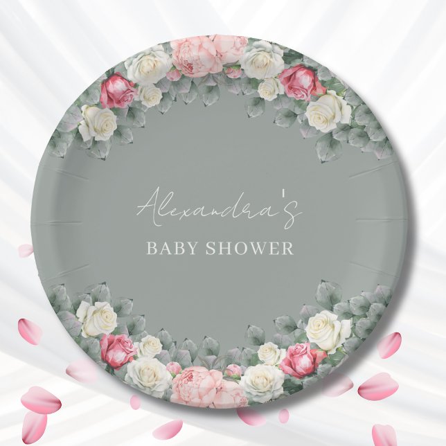 Sage Green Vintag Garden Rose Kinderdusche Pappteller (Von Creator hochgeladen)