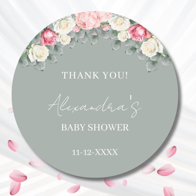 Sage Green Vintag Rose Kinderdusche Danke Runder Aufkleber (Von Creator hochgeladen)