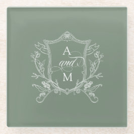 Sage Green Vintag Wappen Hochzeit Glasuntersetzer