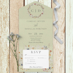 Sage Green Vintag Wildblume Romantisches Abendesse All In One Einladung