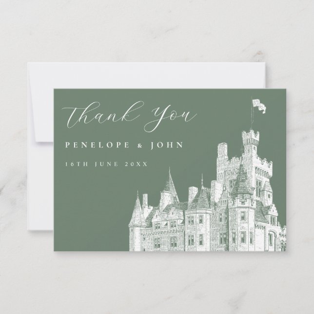 Sage Green Vintage Castle Destination Wedding  Dankeskarte (Vorderseite)
