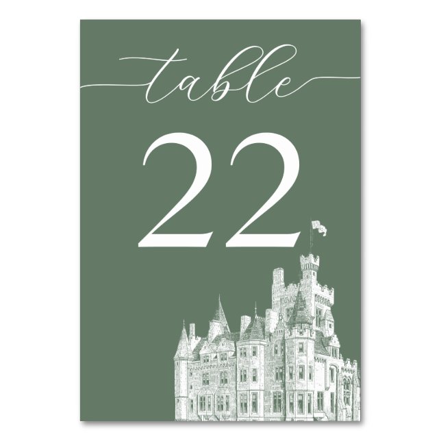 Sage Green Vintage Castle Destination Wedding Tischnummer (Vorderseite)