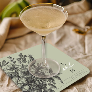 Sage Green Vintage Floral Monogram Wedding Rechteckiger Pappuntersetzer