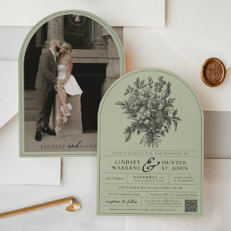 Sage Green Vintage Floral Photo Arch Wedding Einladung