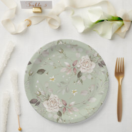Sage Green Vintage Rose Floral Dinner Pappteller