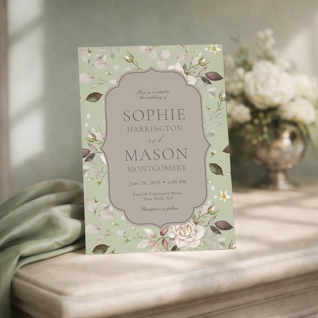 Sage Green Vintage Rose Wedding Invitation Einladung (Von Creator hochgeladen)