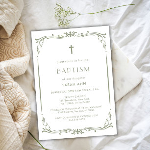 Sage Green Vintage Taufe Christening Cross Einladung