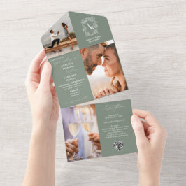 Sage Green Wappen Monogram 3 Foto QR Code Hochzeit All In One Einladung