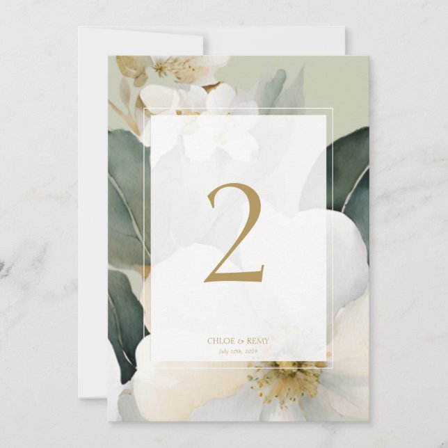 Sage Green Watercolor Blume Hochzeit Tischnummer (Vorderseite)