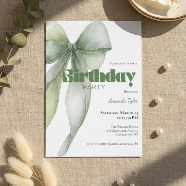 Sage Green Watercolor Bow Birthday  Einladung (Sage green watercolor bow birthday invitation with elegant neutral design)