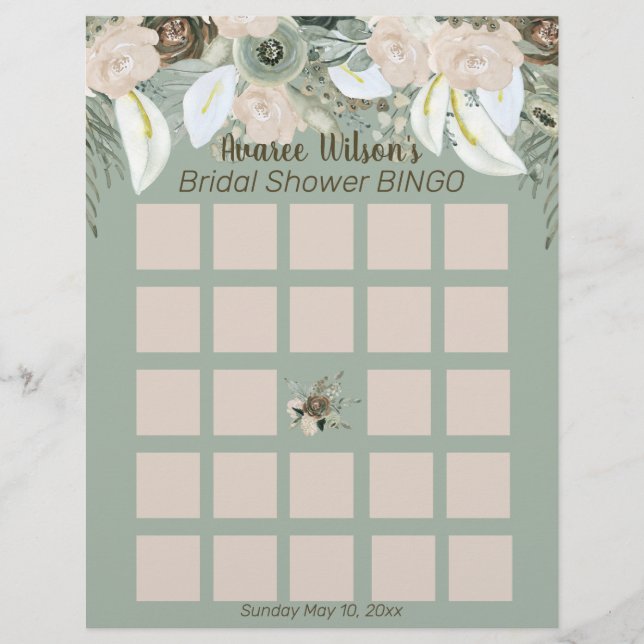 Sage Green Watercolor Brautparty Bingo Flyer (Vorne)