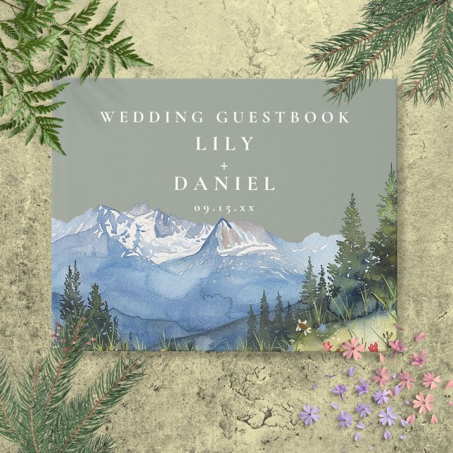 Sage Green Watercolor Mountain Wedding Foto Guest Gästebuch (Sage Green Watercolor Mountain Wedding Photo Guest Guest Book)