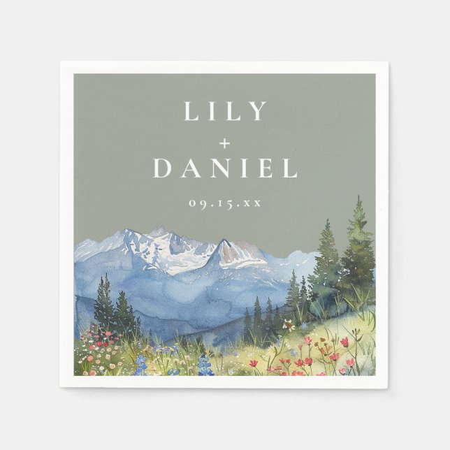 Sage Green Watercolor Mountain Wildblume Hochzeit Serviette (Vorderseite)