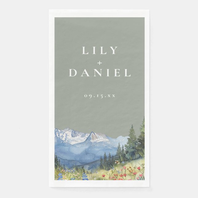 Sage Green Watercolor Mountain Wildblume Hochzeit Serviette (Vorderseite)