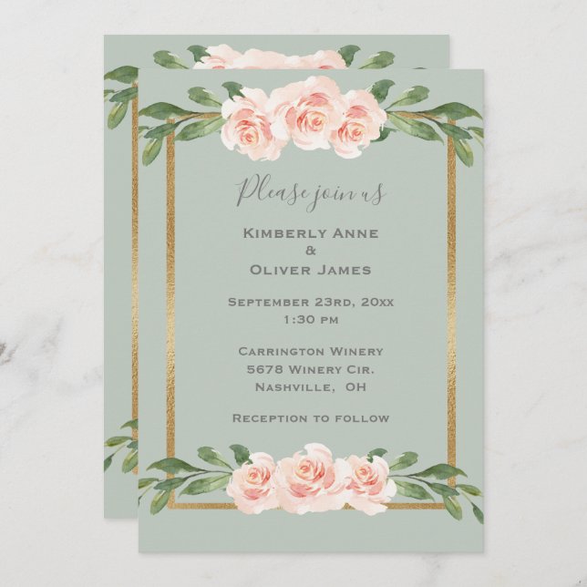 Sage Green Watercolor Romantische Blumenhochzeit Einladung (Vorne/Hinten)