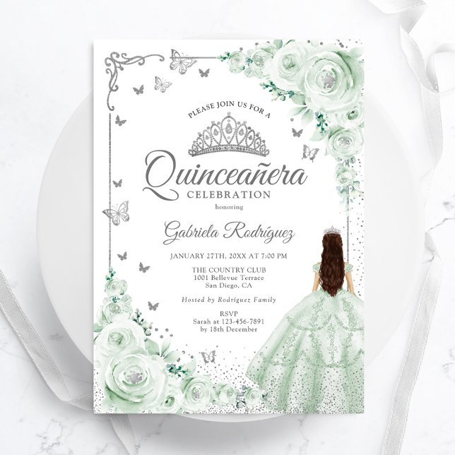 Sage Green Watercolor Rose Silver Quinceanera Einladung (Von Creator hochgeladen)