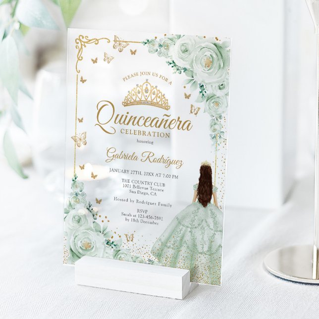 Sage Green Watercolor Roses Gold Quinceanera Acryleinladungen (Von Creator hochgeladen)