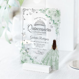 Sage Green Watercolor Roses Silver Quinceanera Acryleinladungen