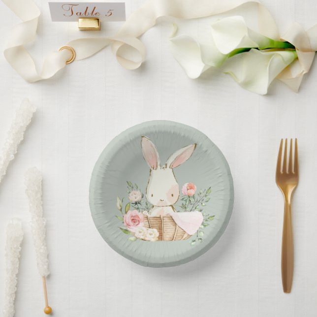 Sage Green Watercolor Woodland Bunny Pappteller (Hochzeit)